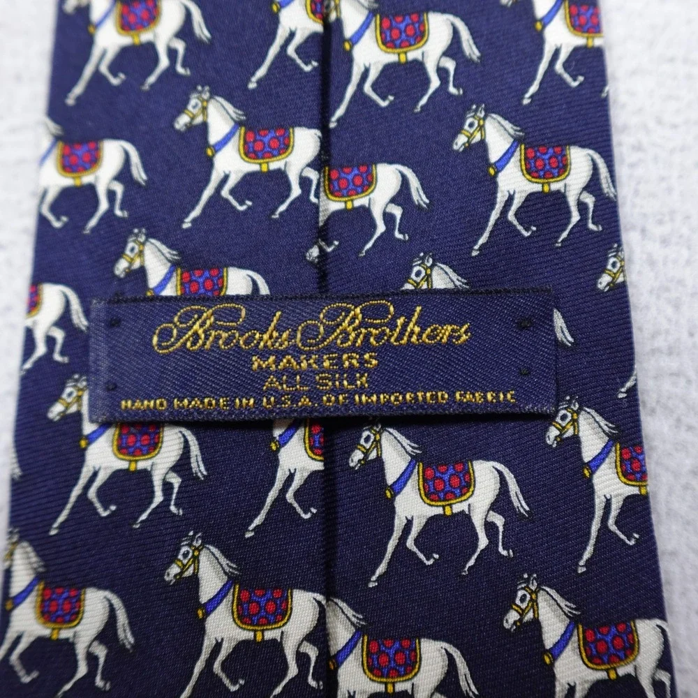 Brooks Brothers Makers Tie Blue Horse Print Mens Necktie 100% Silk Luxury USA